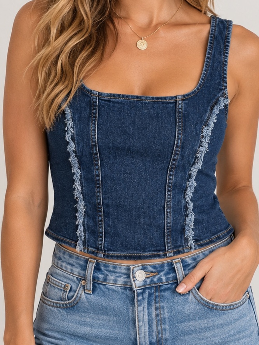 Vintage Lee Denim Corset Tank Top Size L Dark Wash Raw Edge Y2K